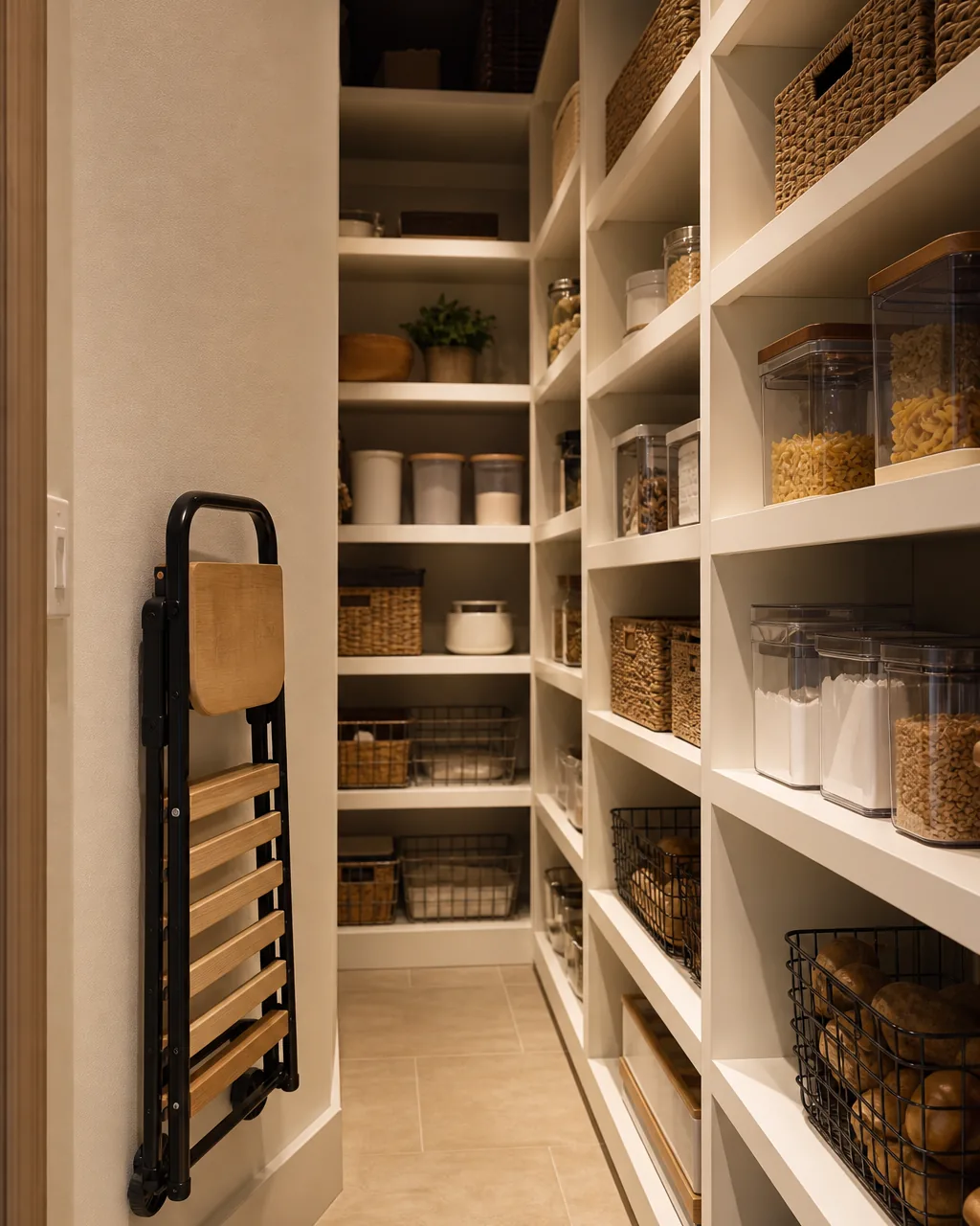 A small rolling step stool stored flat against the side wall of a walk-in pantry with floor-to-ceiling shelving, positioned to reach the topmost deep shelf