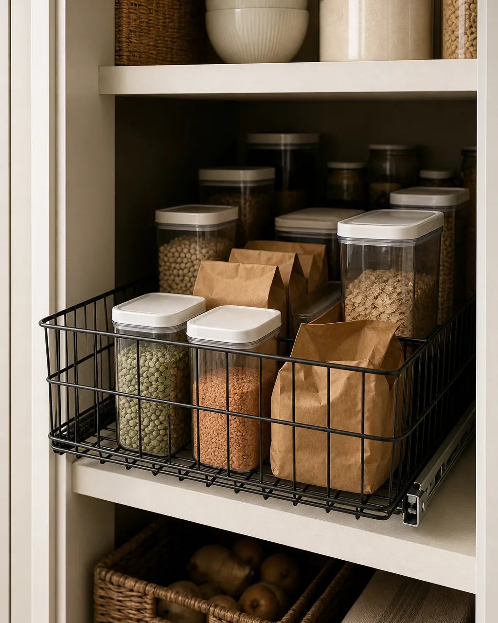A wire basket sized to the back half of a deep pantry shelf, mounted on a small slide track and pulled forward out of the shadowed rear zone