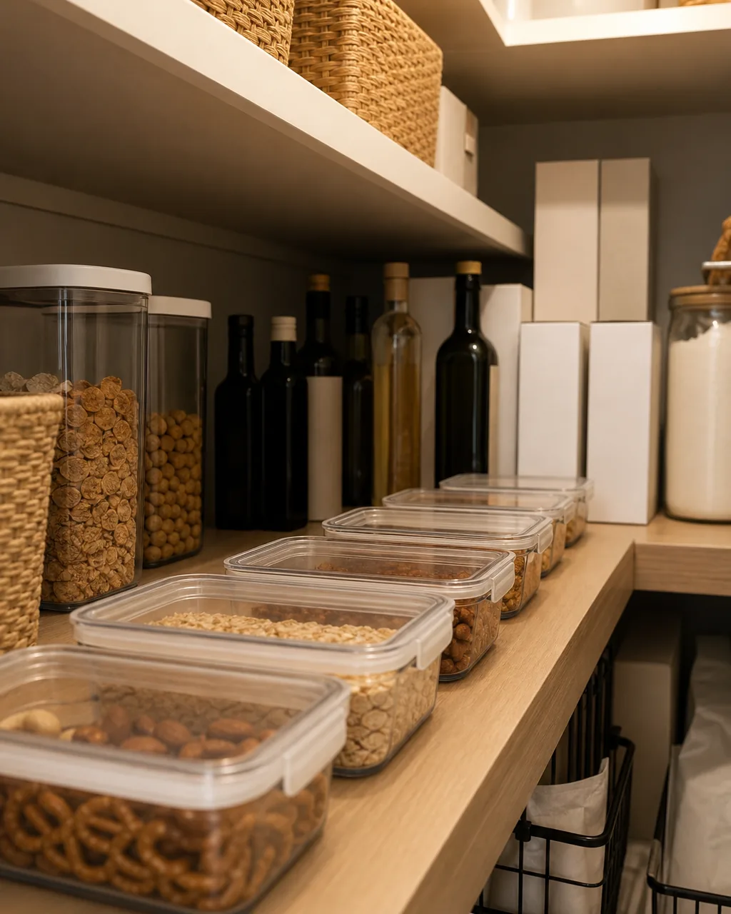 A deep pantry shelf where tall bottles and boxes are grouped at the back and only short, flat containers sit at the front, keeping the sightline to the back open