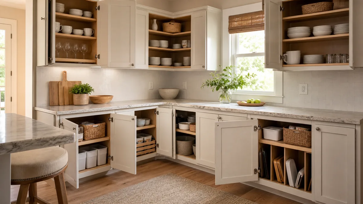 A wide editorial view of a real home kitchen with several upper and lower cabinet doors open, shelves inside neatly organized with dishware, bins, and baskets visible
