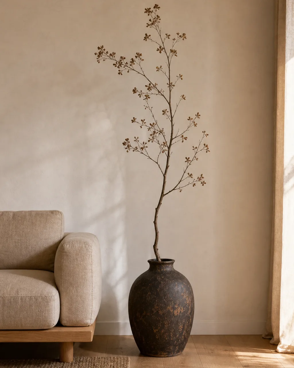 A tall dried cherry blossom branch in a heavy dark brown stoneware vase with a wide base, placed on a light oak floor beside a sofa arm