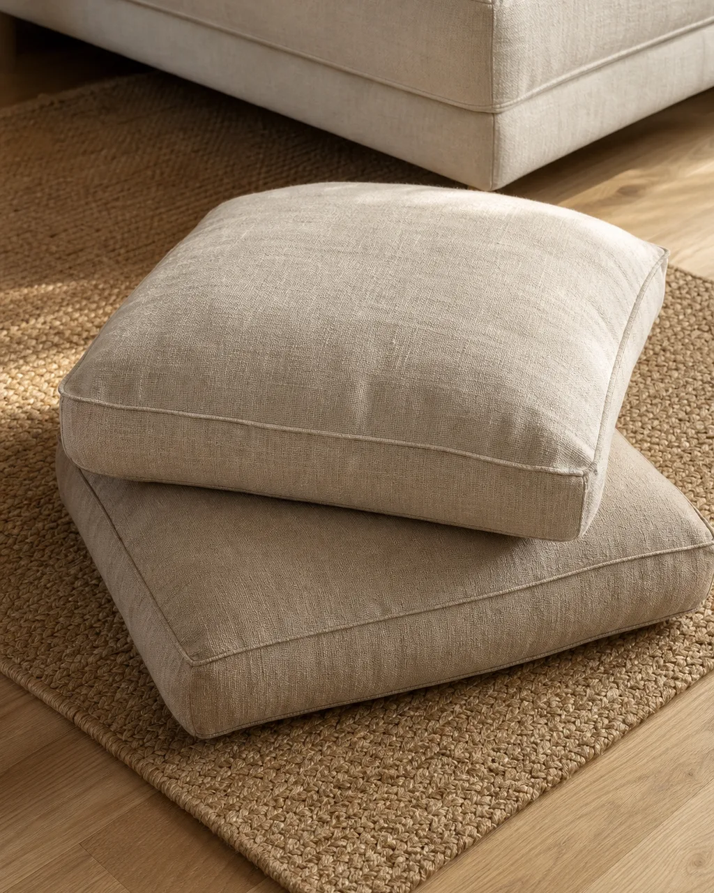 Two large square floor cushions in oatmeal and warm sand linen stacked at a slight angle on a jute rug beside a low-profile sofa