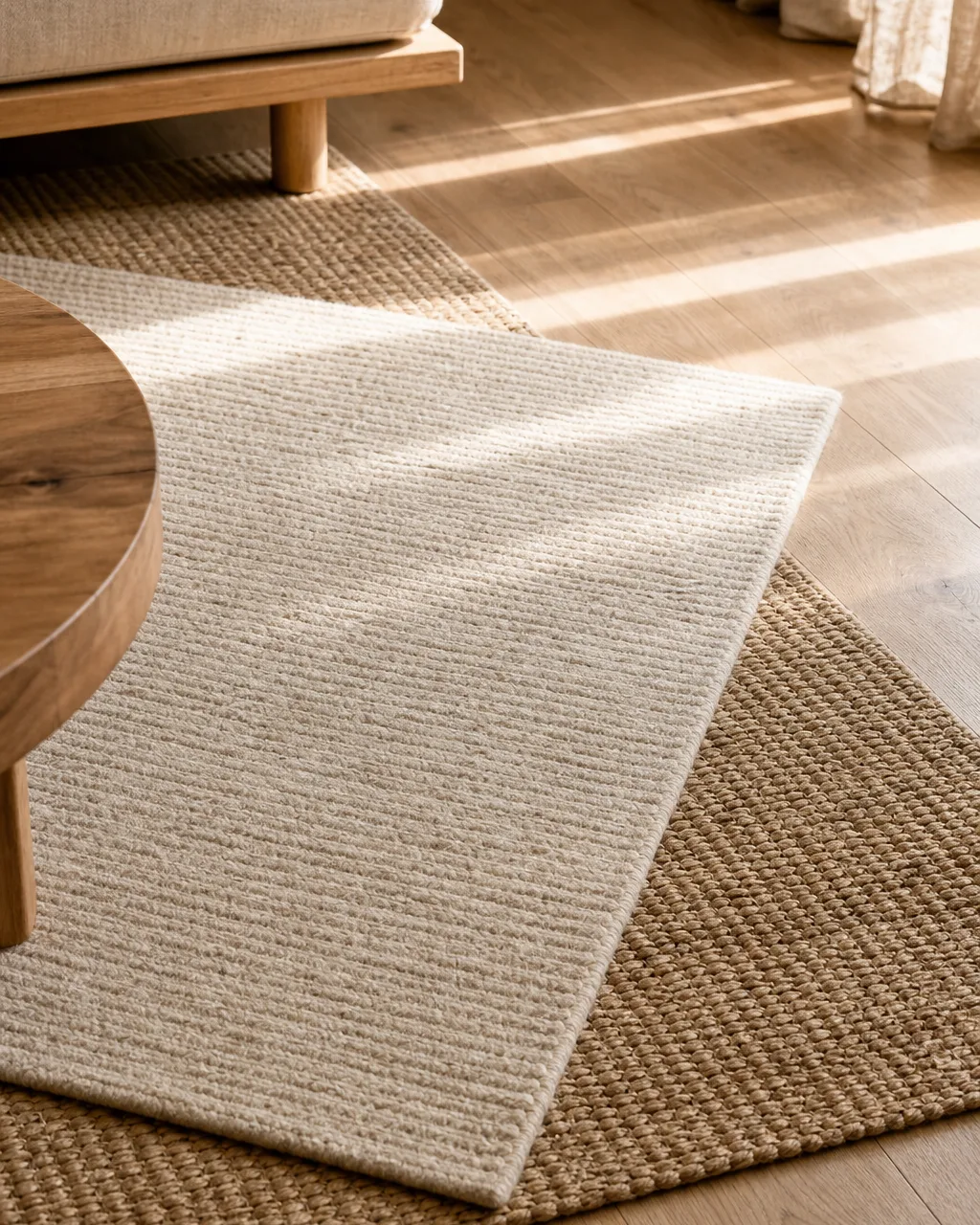 Two layered rugs on a light oak floor, a larger jute base rug with a smaller ivory wool rug offset on top, coffee table leg visible at the edge
