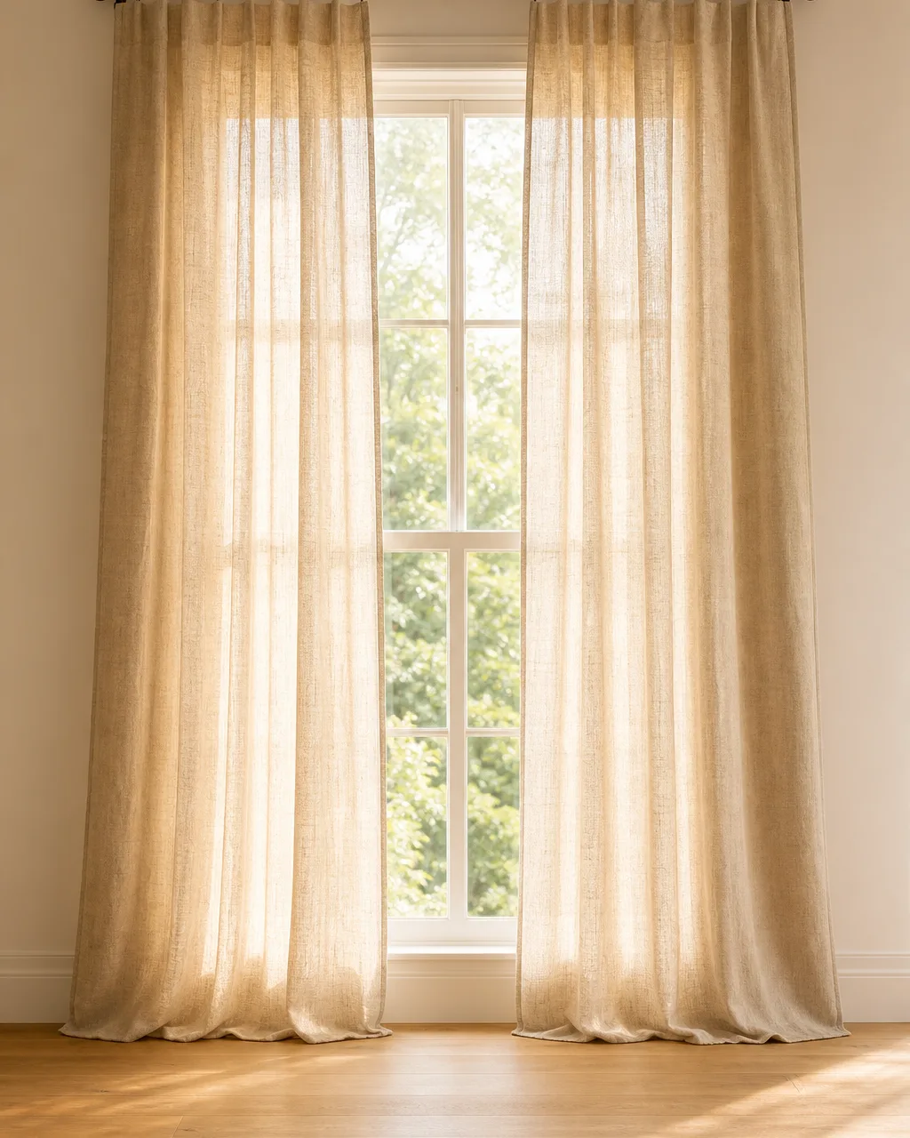 Undyed oatmeal linen curtain panels hanging from a thin black metal rod with simple rings, filtering warm sunlight on a light oak floor