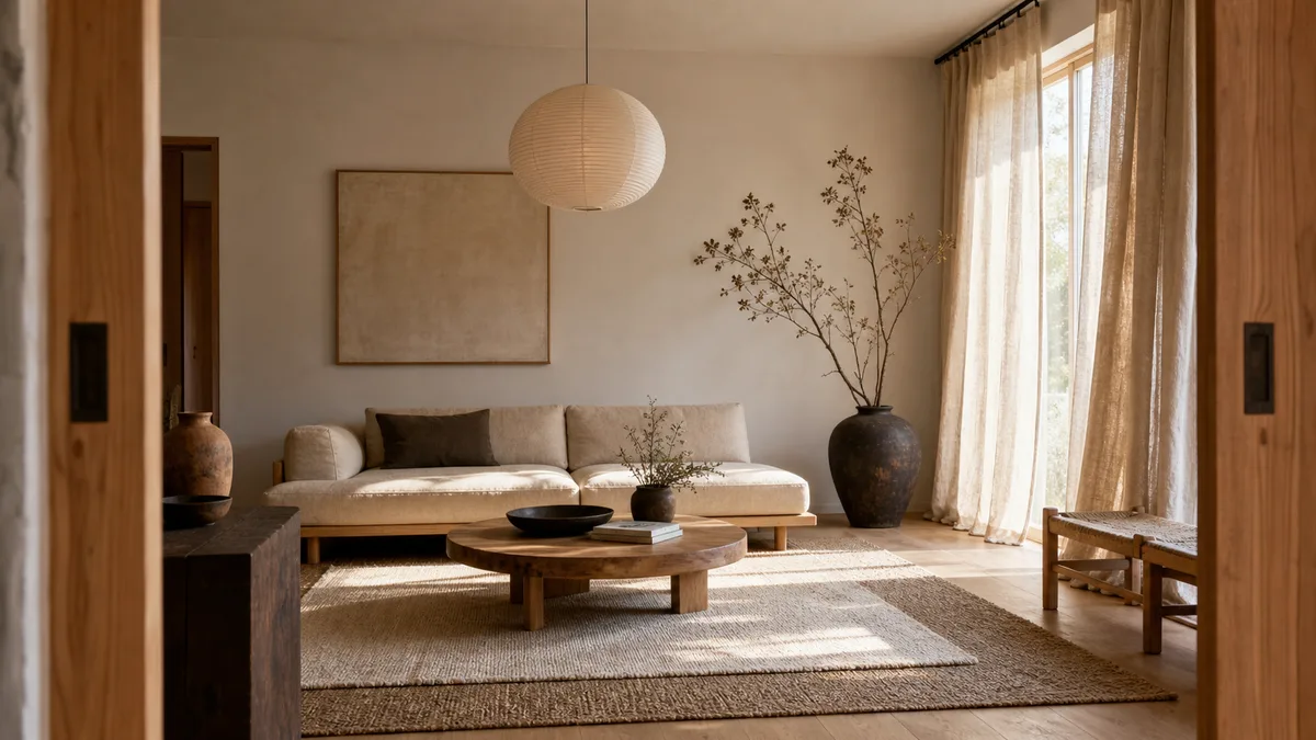 A japandi living room with a low-profile oatmeal linen sofa, round live-edge coffee table, dried branch in a stoneware vase, paper pendant lamp, and layered neutral rugs on light oak floors