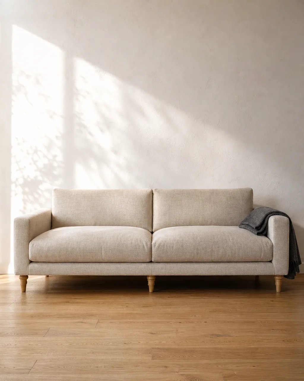 A low-profile oatmeal linen sofa on short light oak legs with a charcoal wool throw draped across one arm, set against a white plaster wall with warm afternoon light