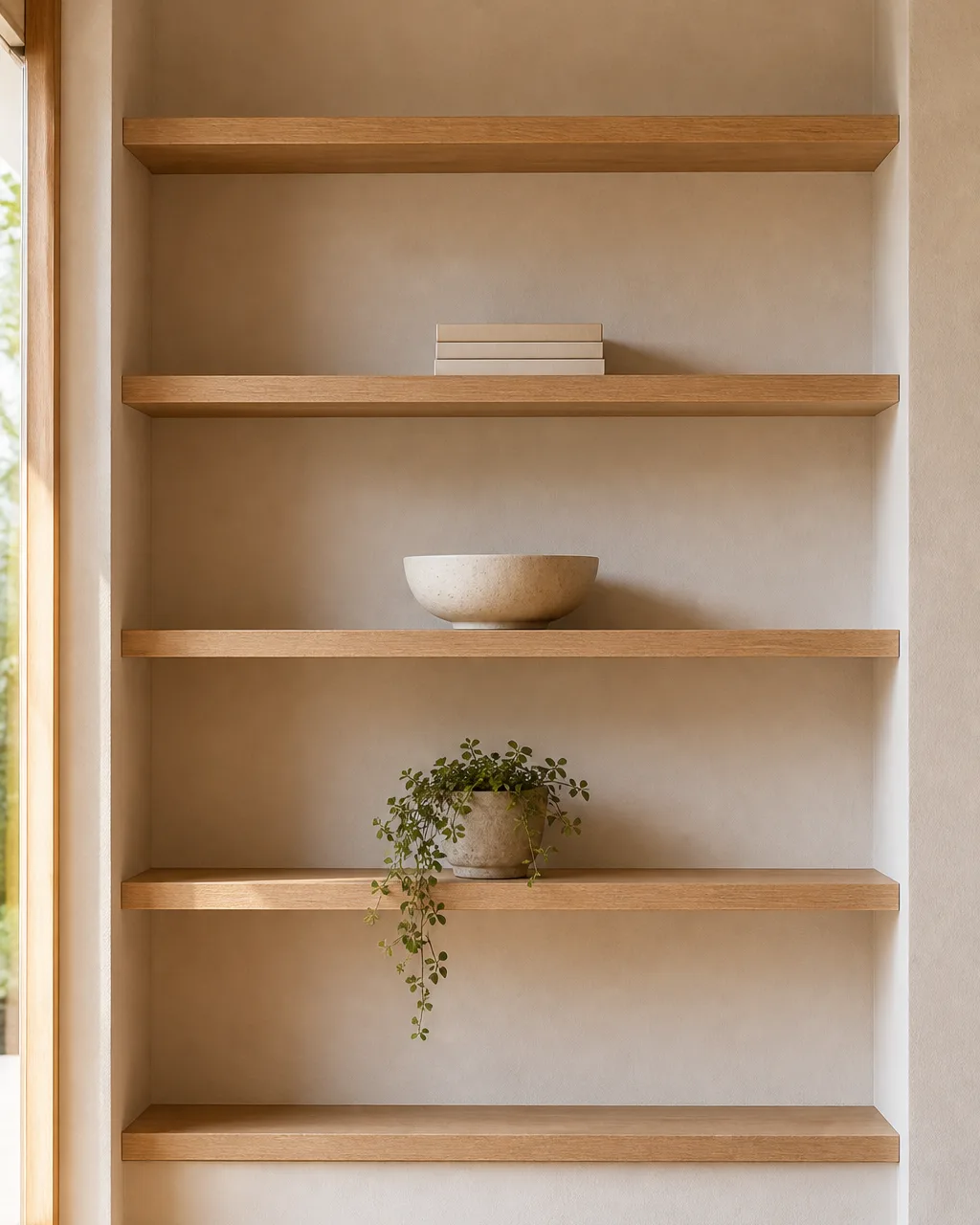 Built-in light oak open shelves on a white plaster wall with a small stack of books, a ceramic bowl, a trailing plant, and two completely empty shelves