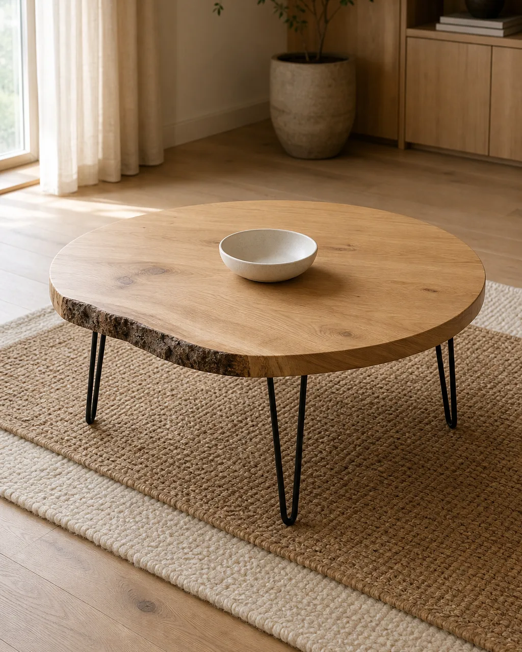 A round light oak coffee table with a live edge section and slim black hairpin legs, holding a single cream ceramic bowl on a layered jute rug