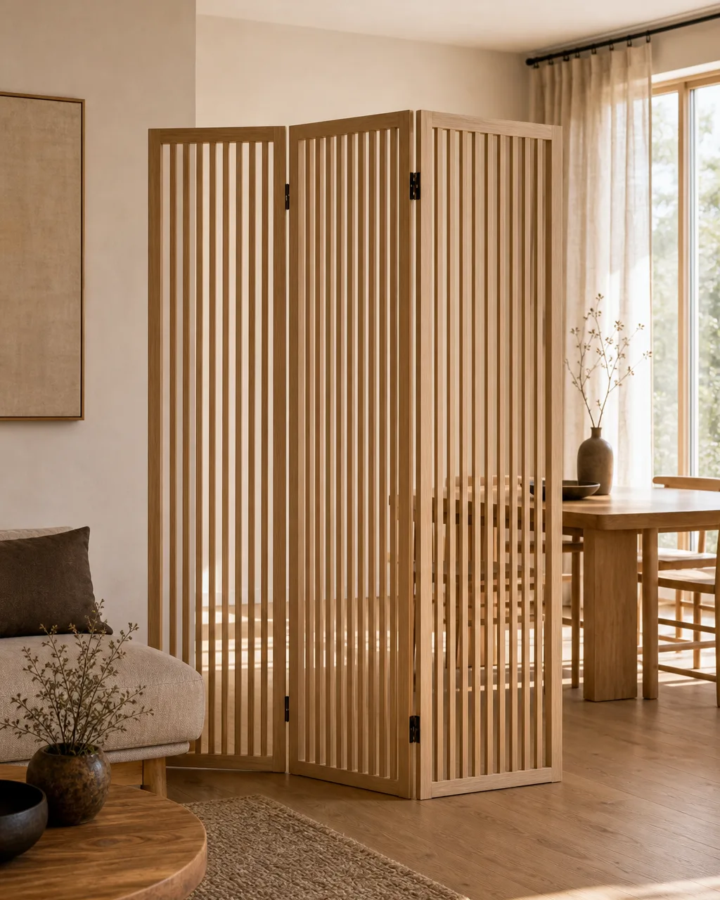 A three-panel slatted light ash wood room divider separating a living area from a dining space, with warm light passing through the slats