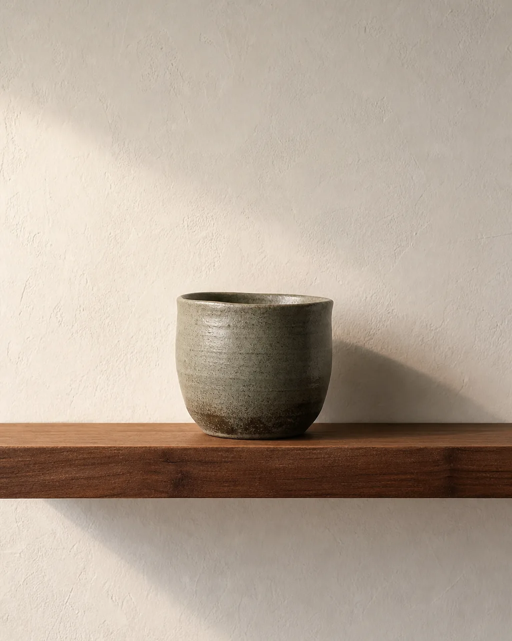 A single handmade ceramic vessel in muted gray-green glaze with an asymmetric rim sitting on a slim raw walnut floating shelf against a white plaster wall