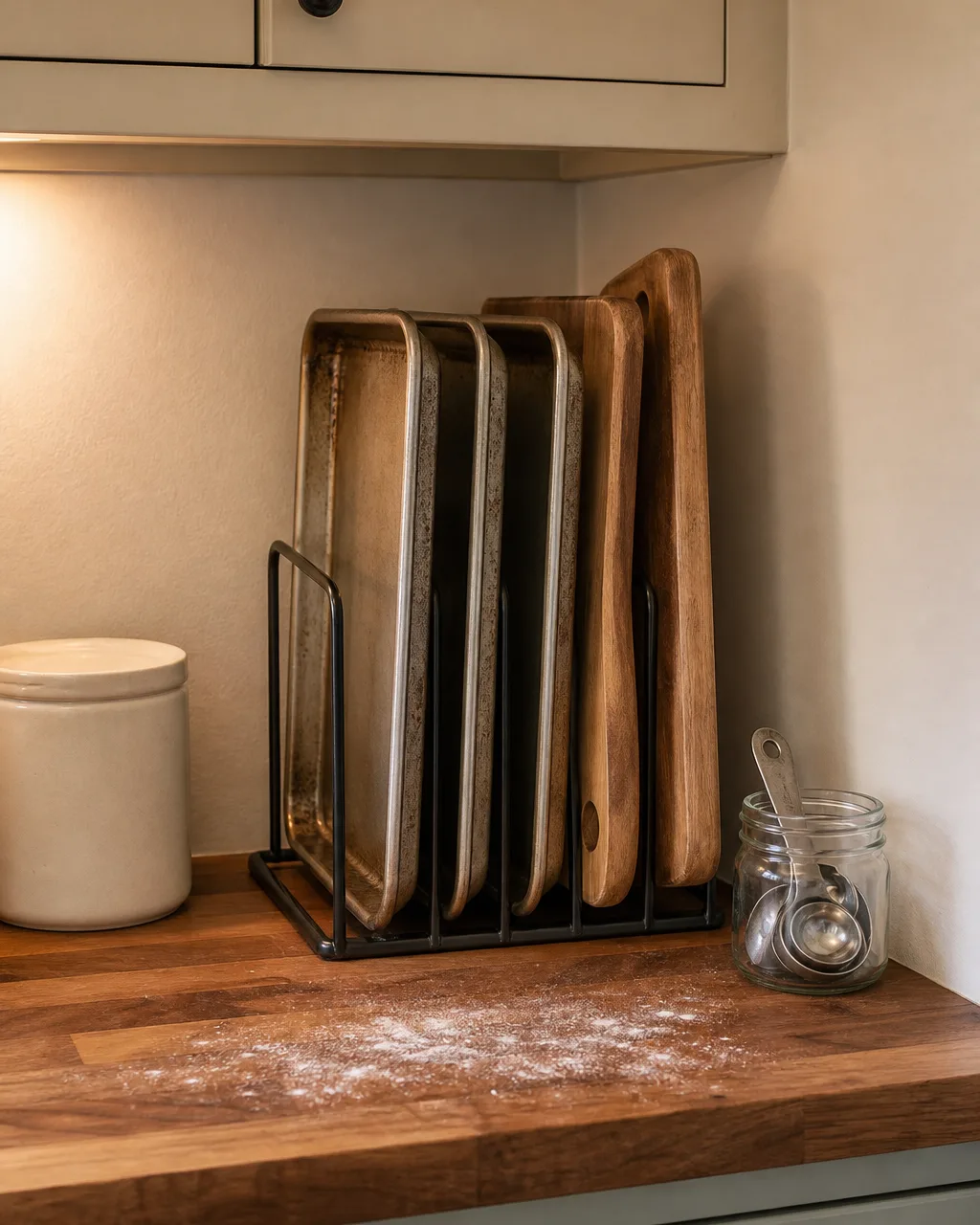 A designated baking corner on a butcher-block kitchen counter with a vertical file-style metal rack holding three sheet pans and two cutting boards stored upright, next to a ceramic canister and a small jar of measuring spoons, warm overhead light with a dusting of flour on the counter