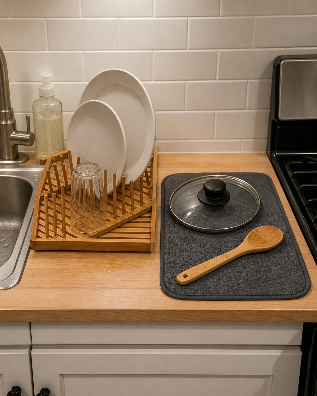 A two-zone dish drying setup in a modest kitchen with a bamboo drying rack near a stainless steel sink holding plates and a glass, and a dark gray microfiber drying mat on the counter near the stove edge with a pot lid and wooden spoon, white subway tile backsplash behind