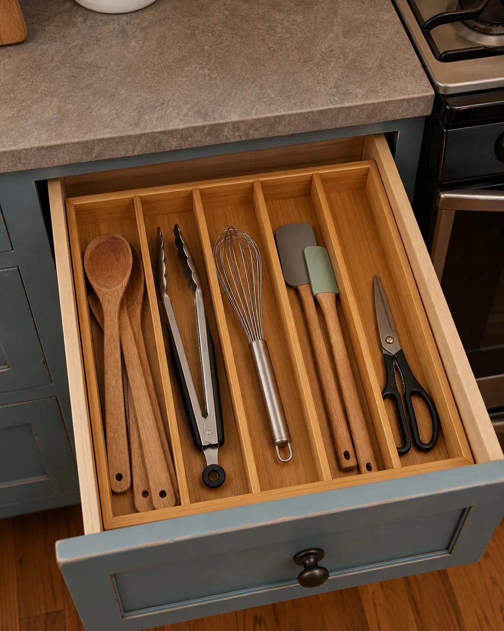 An open kitchen drawer with bamboo dividers organizing cooking utensils in separate compartments: wooden spoons, metal tongs, a whisk, silicone spatulas, and kitchen scissors, with the drawer pulled out two-thirds showing wood interior, warm overhead light