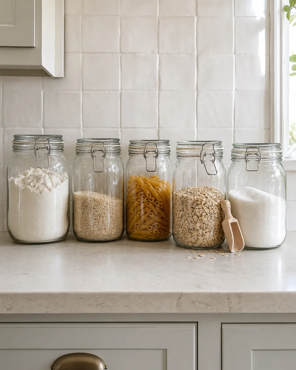 A row of five clear glass jars with airtight metal clip lids on a kitchen counter against a white tile backsplash, containing flour, rice, dried pasta, oats, and sugar at varying fill levels, with a small wooden scoop leaning against one jar in warm morning daylight
