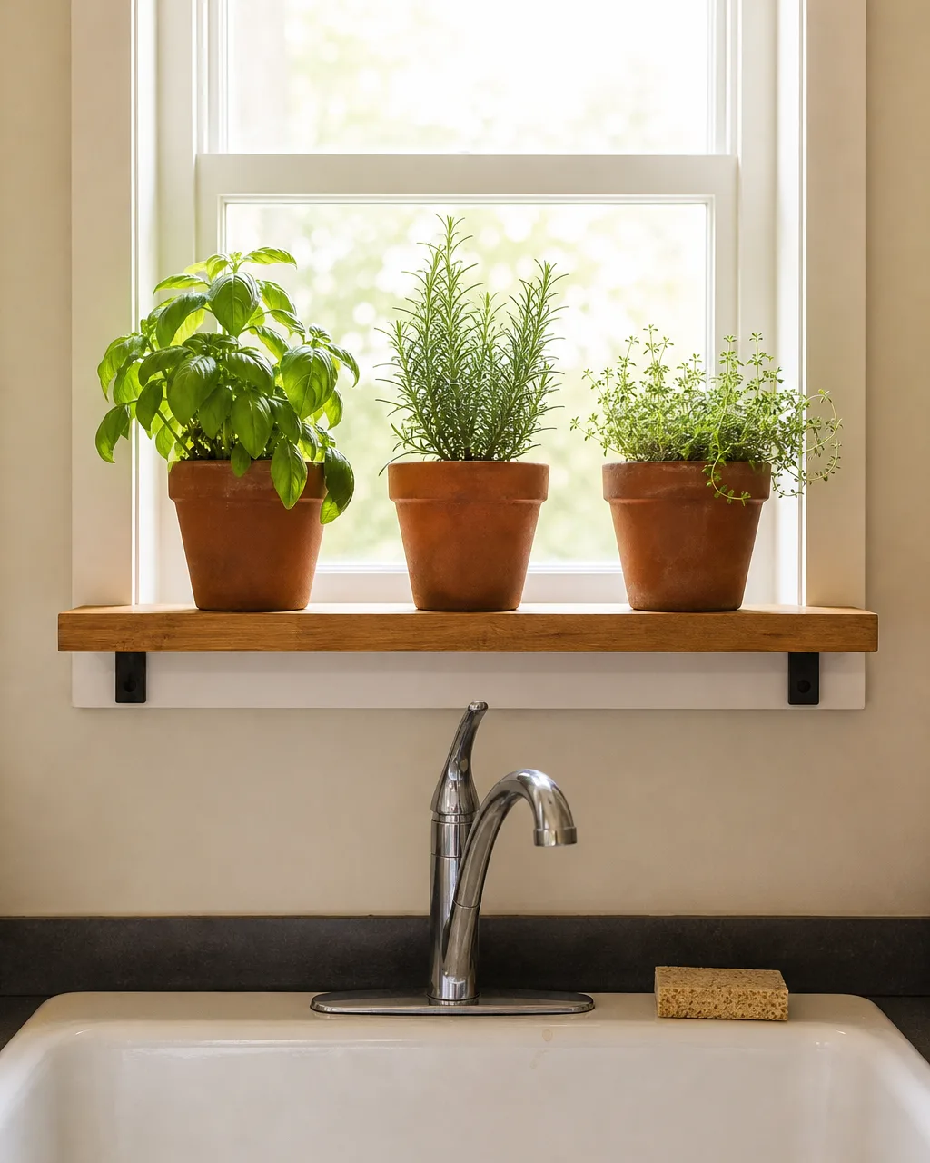 A small floating wood shelf mounted above a white porcelain kitchen sink holding three small terracotta pots with fresh basil, rosemary, and thyme, bright natural light streaming through the window behind, a dish sponge on the sink ledge, warm daylight with a slightly overexposed window glow