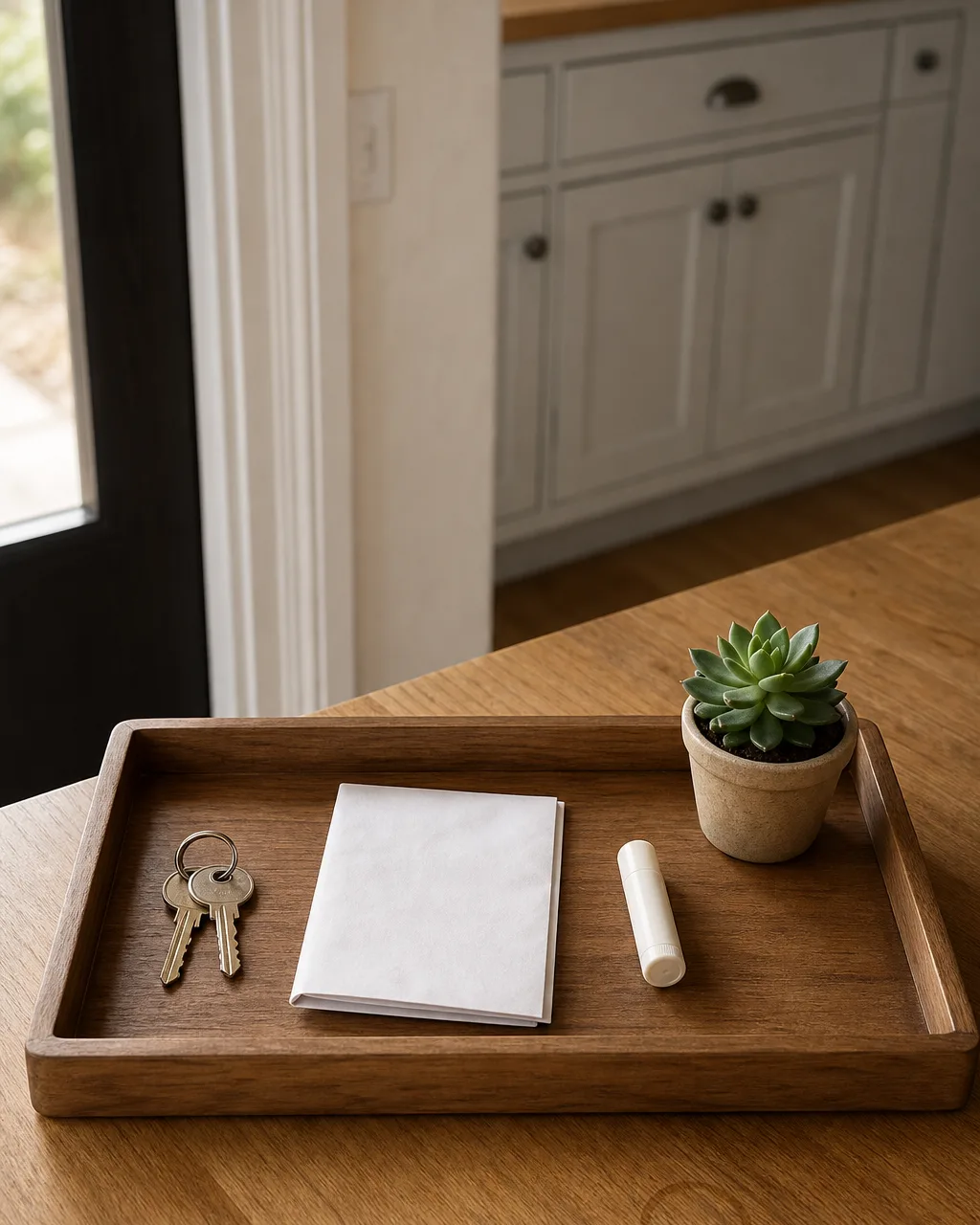 A rectangular wooden landing tray on a kitchen counter near the entry point, containing a small key ring, a folded piece of mail, a lip balm, and a tiny potted succulent, with the rest of the counter completely clear and light gray painted cabinets in the background in warm afternoon light