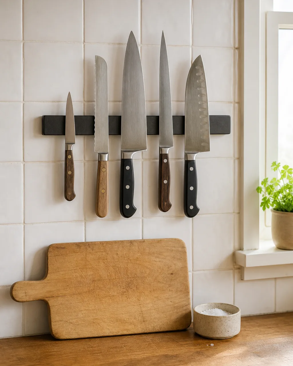 A magnetic knife strip mounted horizontally on a white tile backsplash above a kitchen prep zone, holding five knives of different sizes, with a light wood cutting board leaning against the backsplash and a small ceramic bowl of salt on the butcher-block counter below