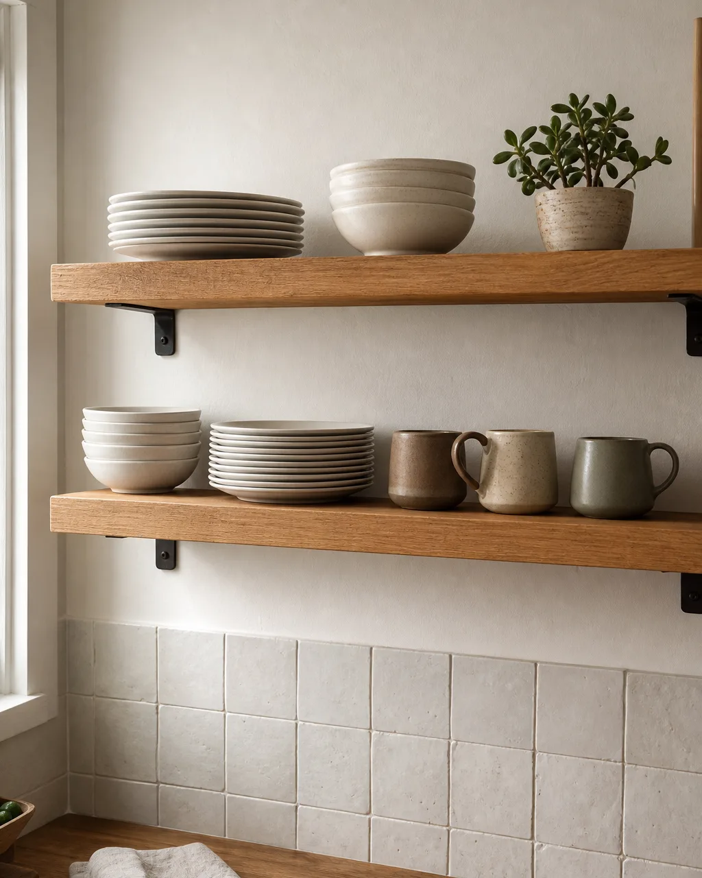 Two open floating wood shelves on a white kitchen wall holding stacked white stoneware dinner plates, cream cereal bowls, three earth-tone ceramic mugs, and a small potted succulent, with warm daylight from the left and a section of white tile backsplash below