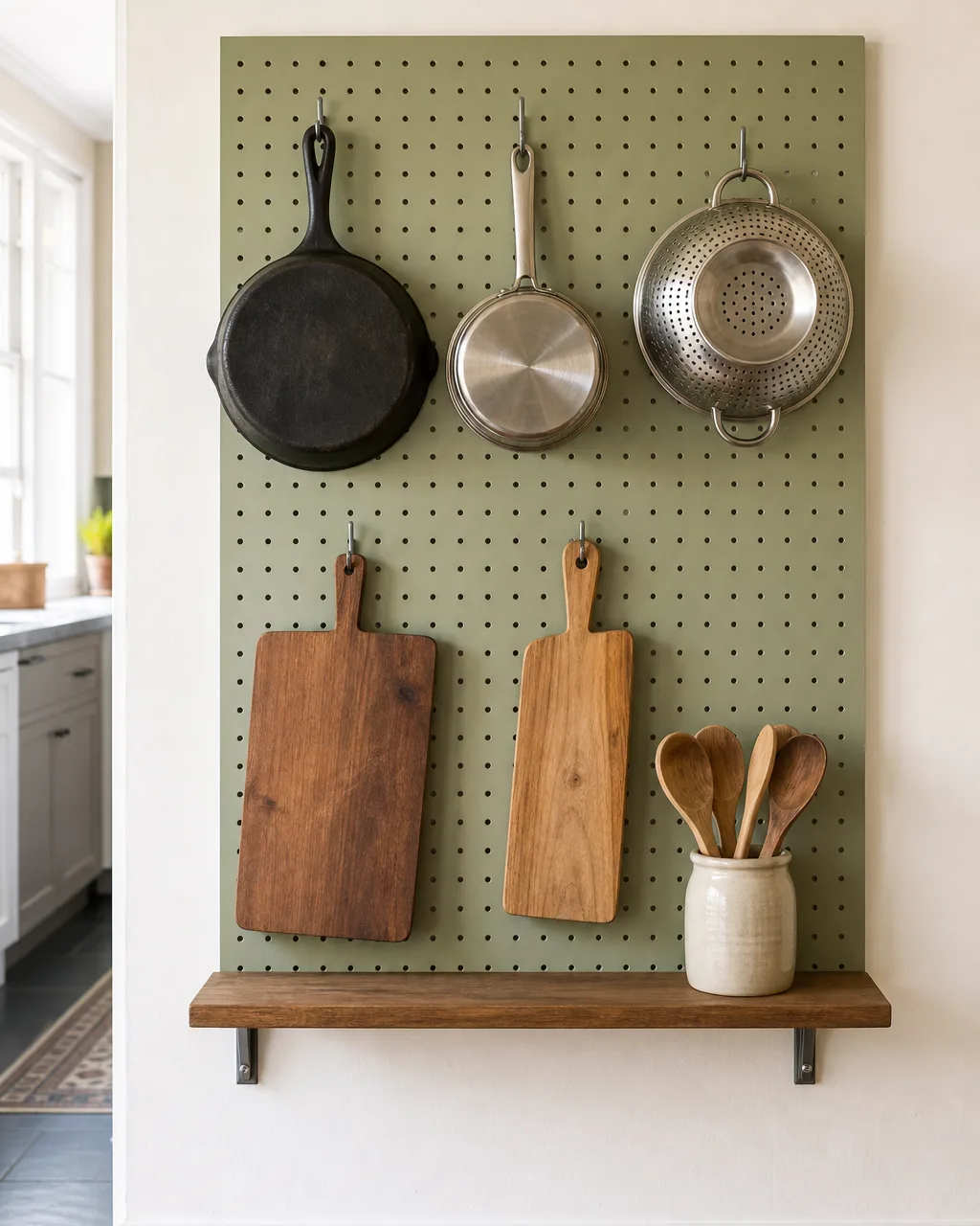 A soft sage-green painted pegboard mounted on a kitchen wall organized with metal hooks holding a cast iron skillet, a stainless steel saucepan, a colander, and two wooden cutting boards, with a narrow wood shelf below holding a small jar of wooden spoons