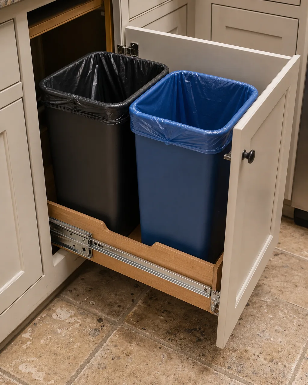 An open lower kitchen cabinet revealing a pull-out dual-bin trash and recycling station on a wooden slide-out tray, one bin with a dark liner and one with a blue bag, showing the rail mechanism, slightly worn tile floor visible