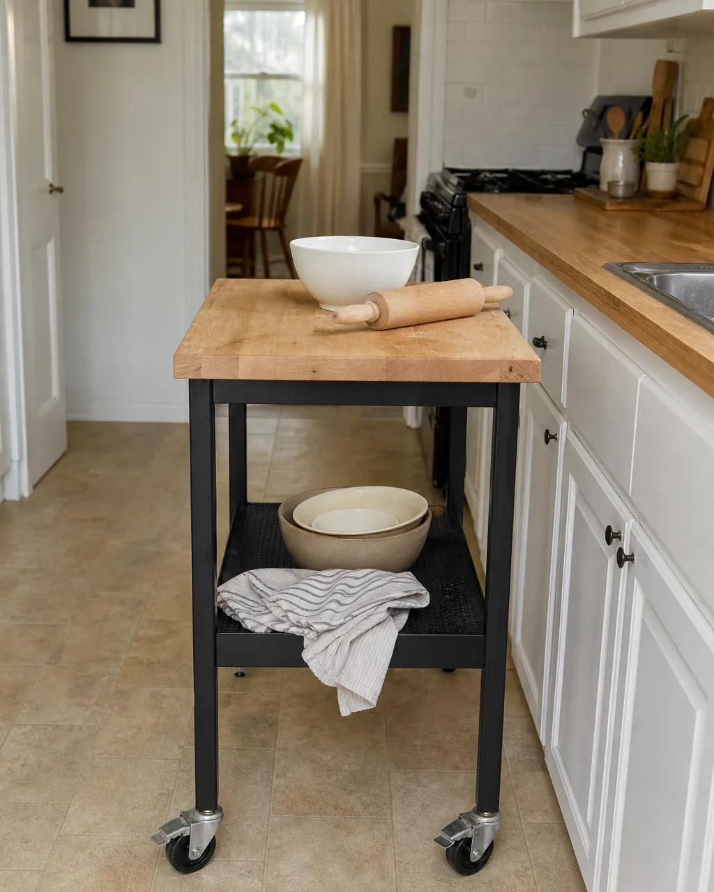 A rolling kitchen cart with a butcher-block top and black metal frame positioned next to a kitchen counter in a galley kitchen, with a mixing bowl and wooden rolling pin on the cart top and two nesting bowls and a folded dish towel on the lower shelf, warm daylight