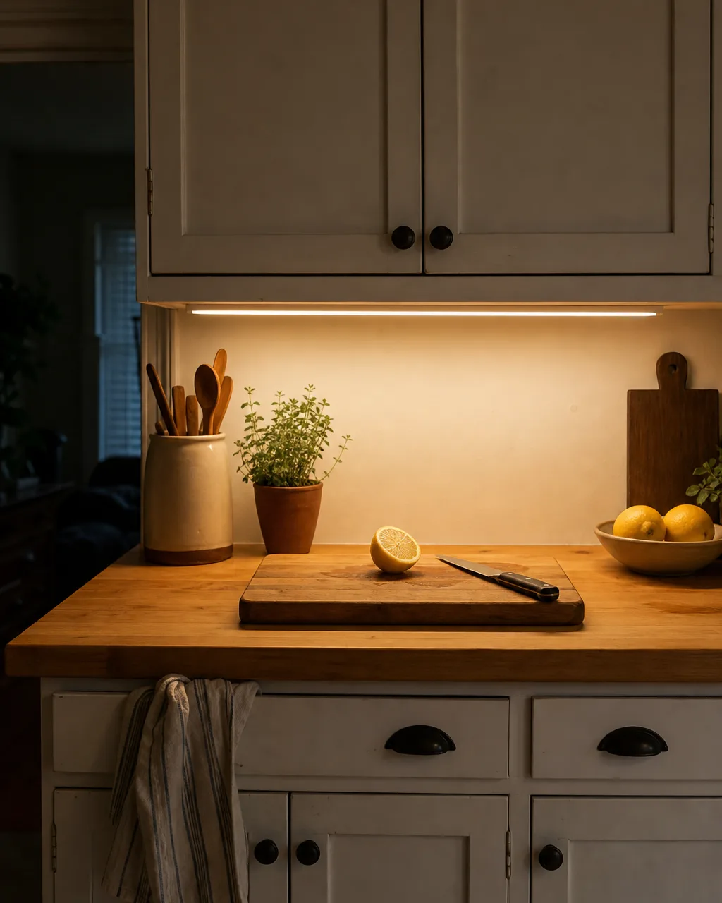 Warm-white LED strip lights installed under white upper kitchen cabinets casting even light downward onto a wood countertop prep area, with a cutting board holding a halved lemon and a chef knife, evening setting with overhead light off