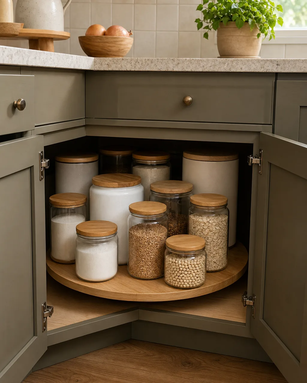 A round lazy Susan turntable inside a corner cabinet holding jars and containers, partly rotated to show items near the front and back both reachable
