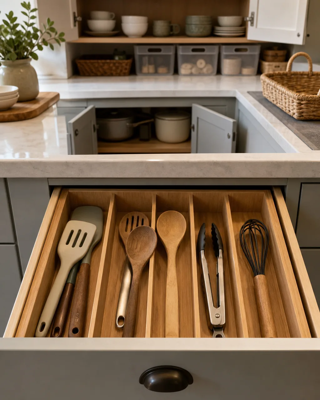 An open kitchen drawer fitted with a divided organizer tray, cooking utensils like spatulas and whisks each resting in their own slot