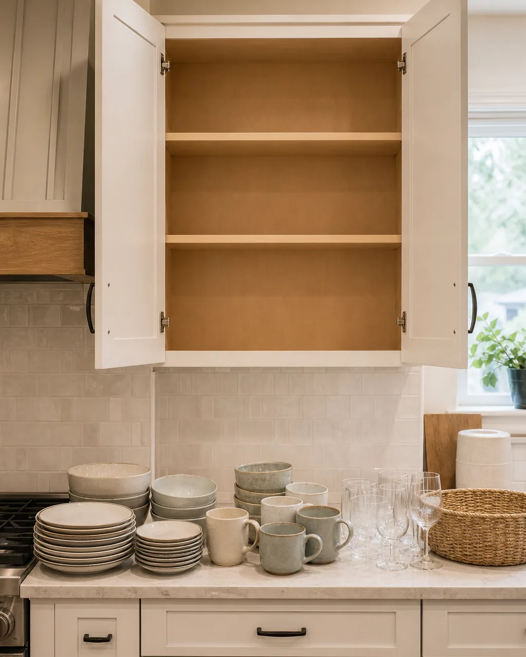 An empty kitchen cabinet shelf with its contents removed and set out on a nearby counter in three loose groups, sorted and ready to be put back