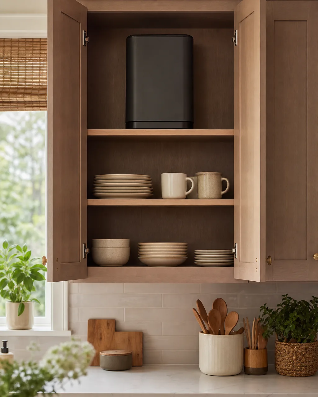 A mid-height cabinet shelf at eye level holding everyday plates and mugs neatly stacked, with a taller appliance visible up on the top shelf above