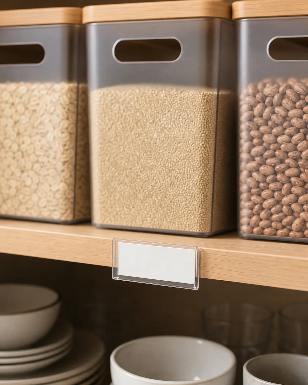 A close view of a cabinet shelf edge with a small blank label tag attached, bins of dry goods neatly arranged on the shelf behind it