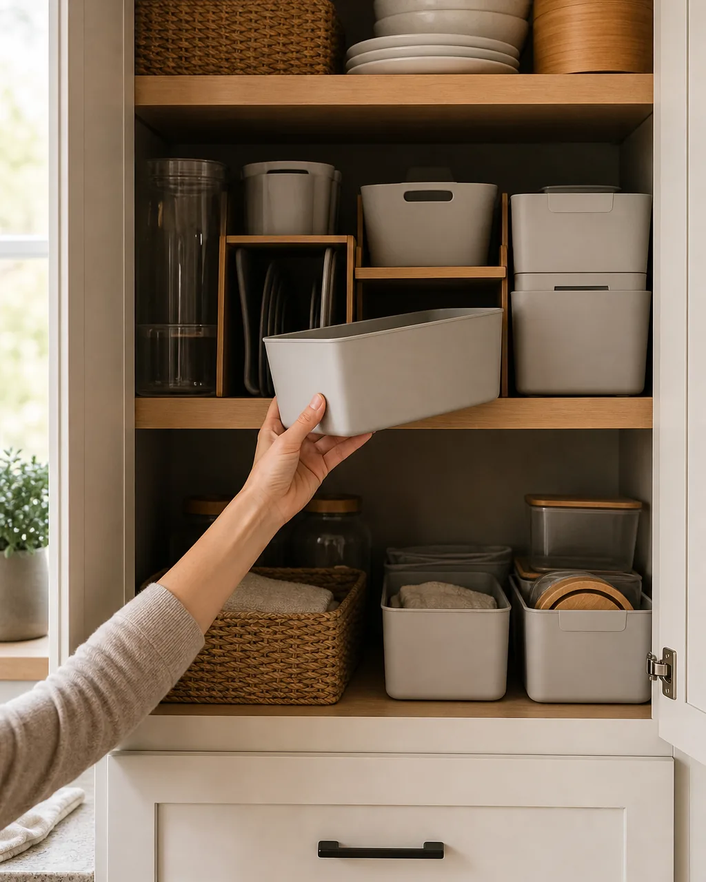 A hand moving a single container from one open cabinet shelf to another during a routine check of an already-organized kitchen cabinet system
