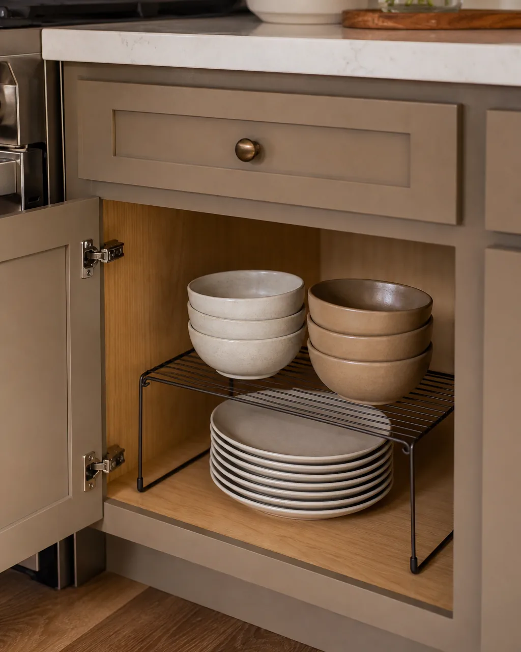 A stackable wire shelf riser inside a lower cabinet creating two usable layers, plates stacked underneath the riser and bowls stacked on top of it
