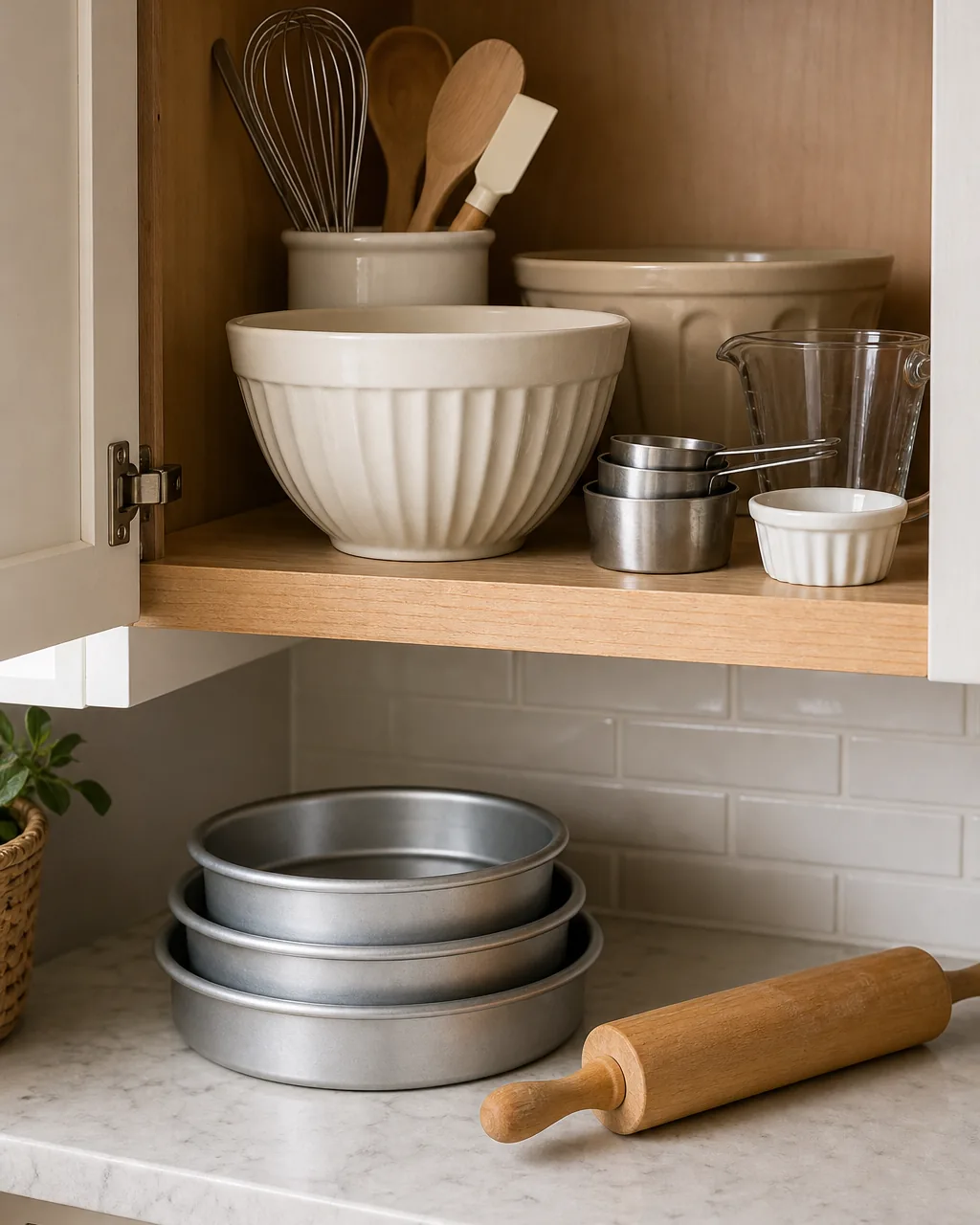 A close view into an open cabinet where baking tools, mixing bowls, and measuring cups are grouped together on one shelf, with cake pans and a rolling pin on the counter below