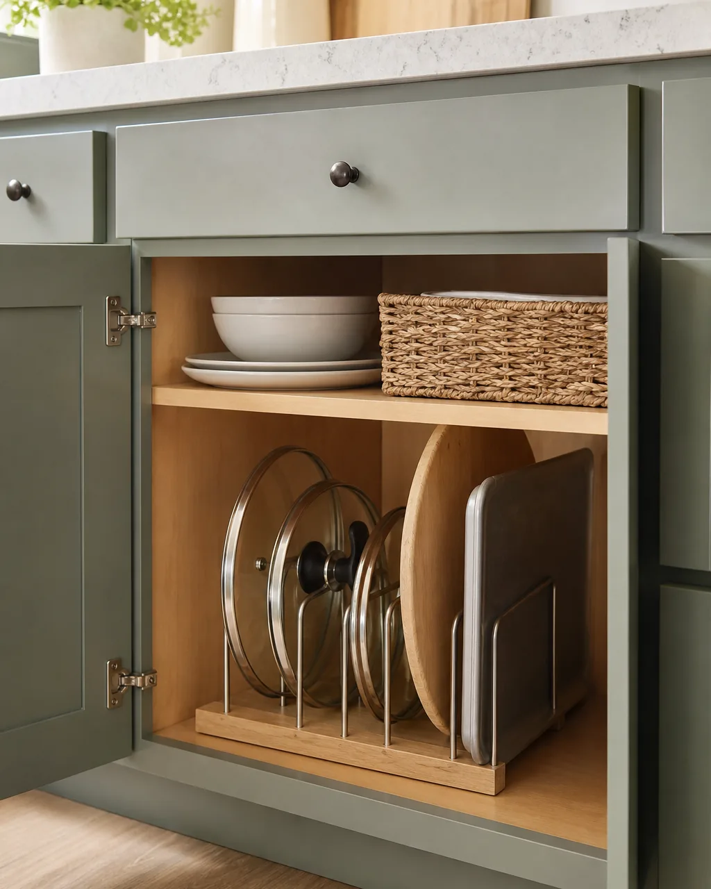 A vertical wire divider inside a cabinet holding pot lids, a cutting board, and a baking sheet standing upright on their edges instead of stacked flat