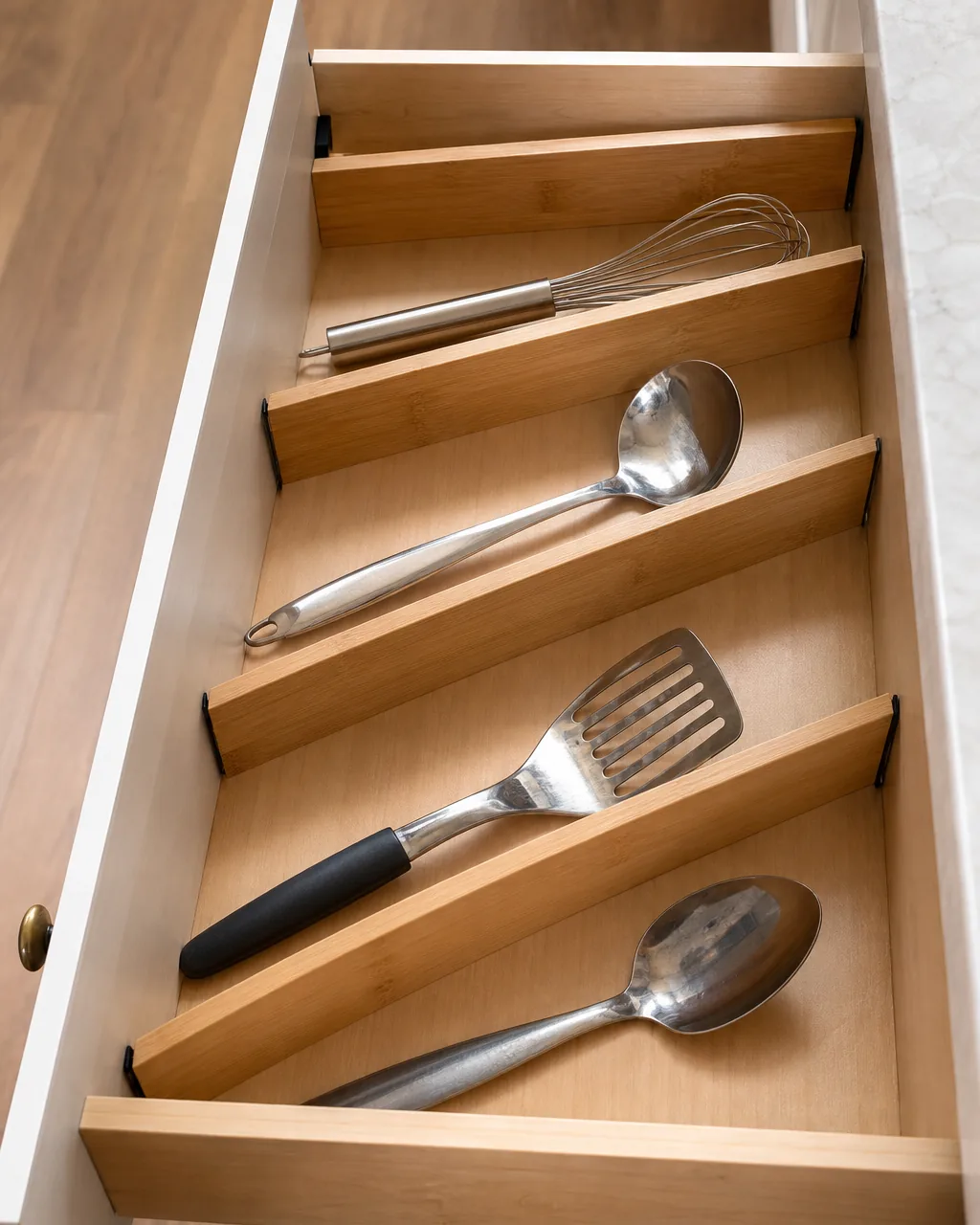 Adjustable bamboo divider strips configured to fit an odd-sized kitchen drawer