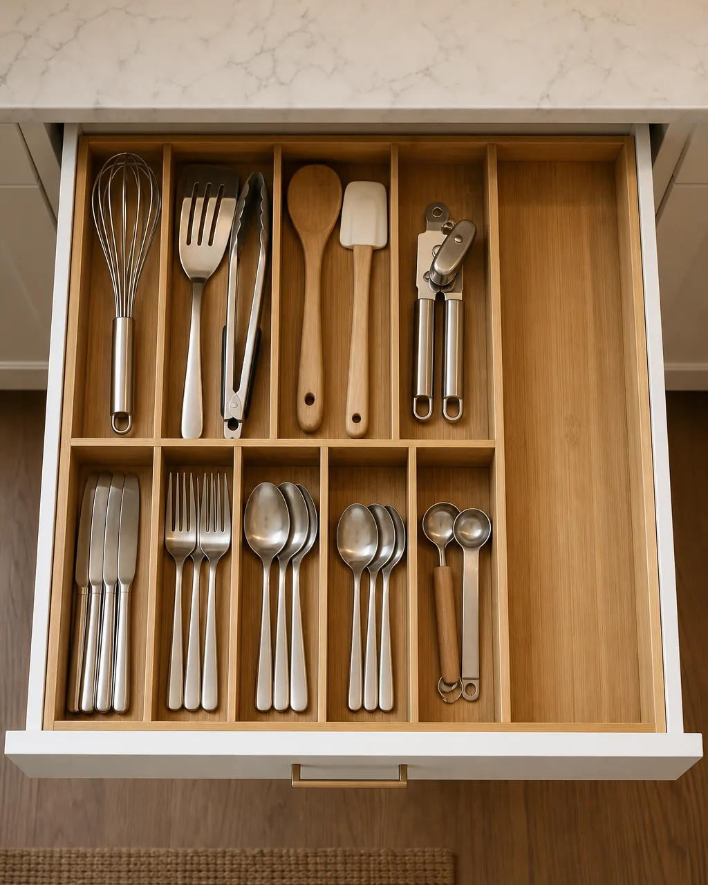 Kitchen drawer organizer with one deliberately empty row left for future additions