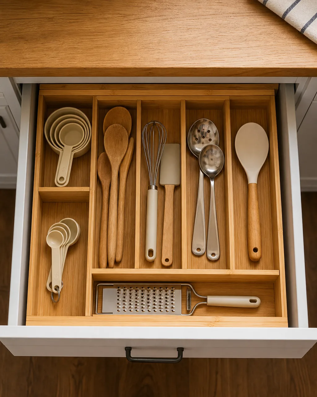 Expandable bamboo tray fitted into a shallow utensil drawer