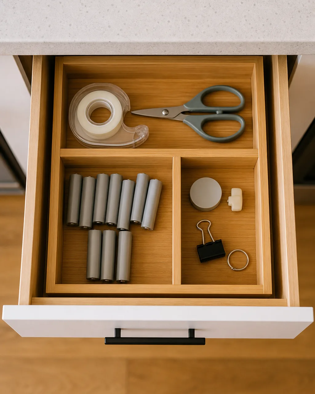 Junk drawer divided into small labeled-free zones for tape, batteries, and odds and ends