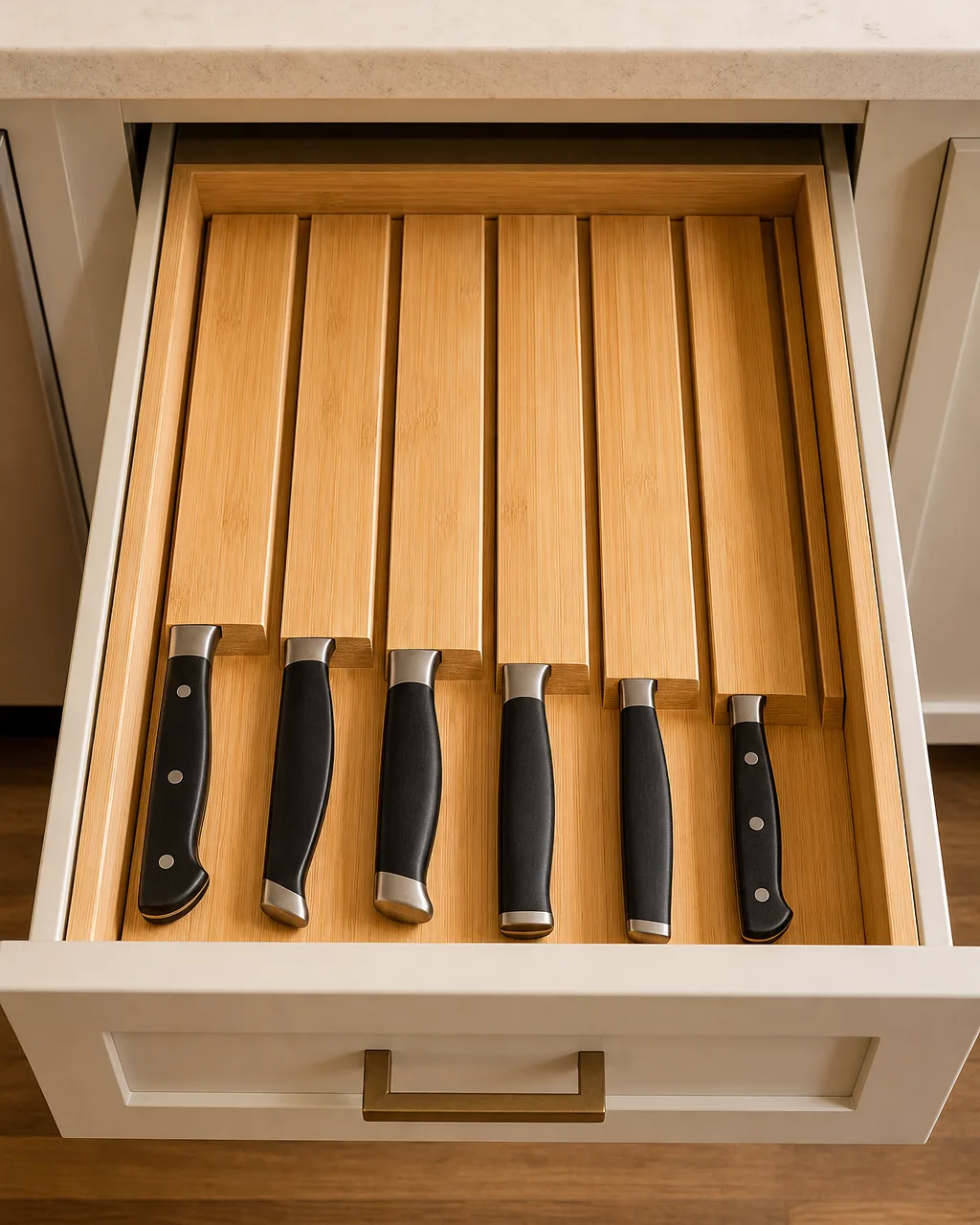 In-drawer knife organizer with slotted wood holding knives flat and separated