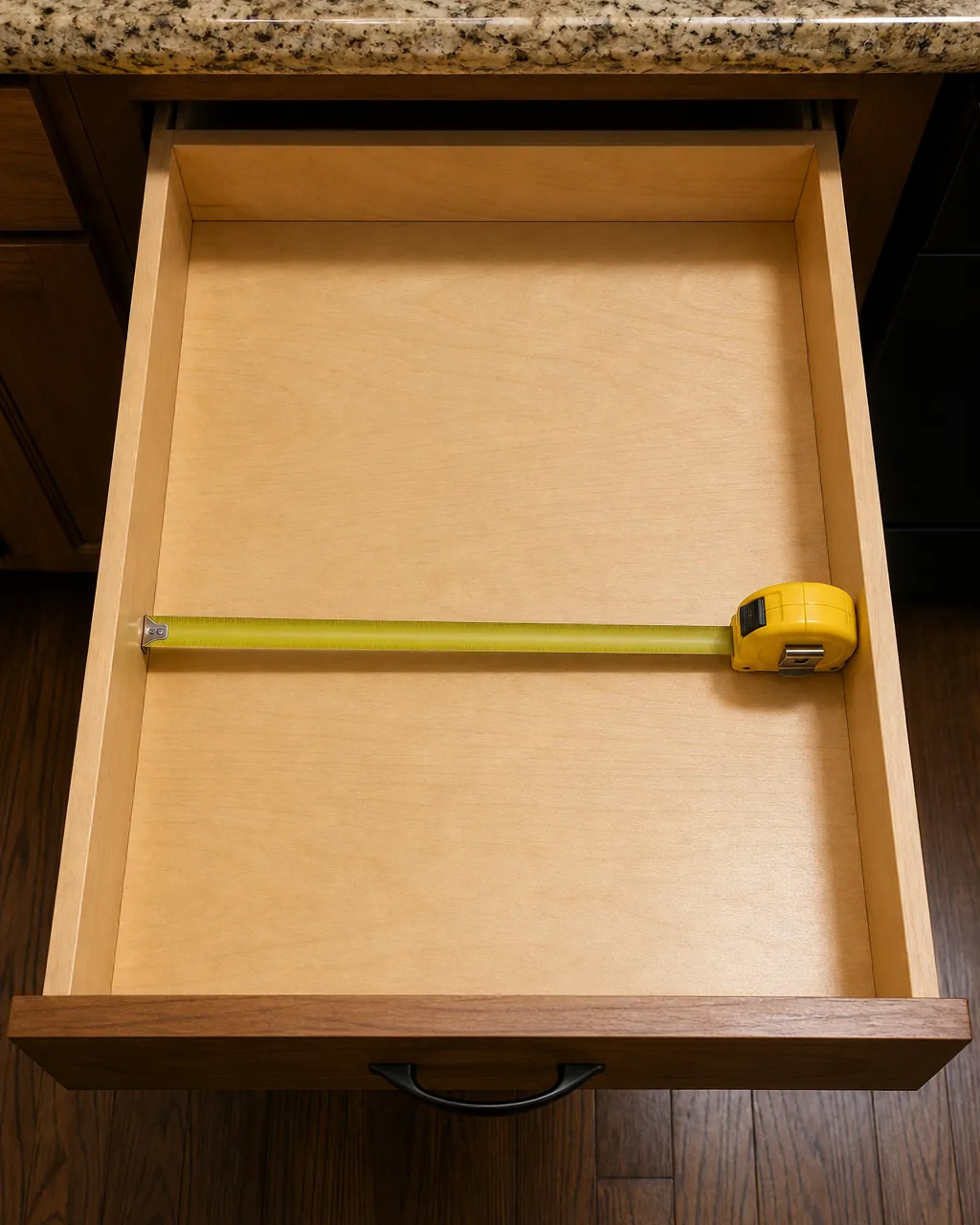 A yellow tape measure laid diagonally inside an empty open kitchen drawer, measuring the interior width from side to side before any organizer is added