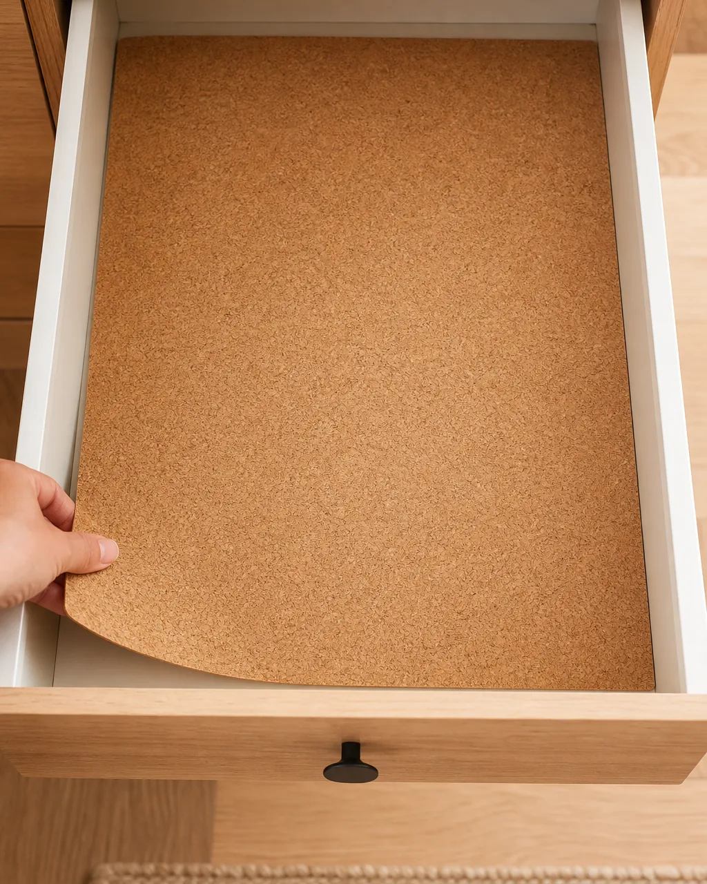 Thin non-slip drawer liner mat being placed under an organizer tray