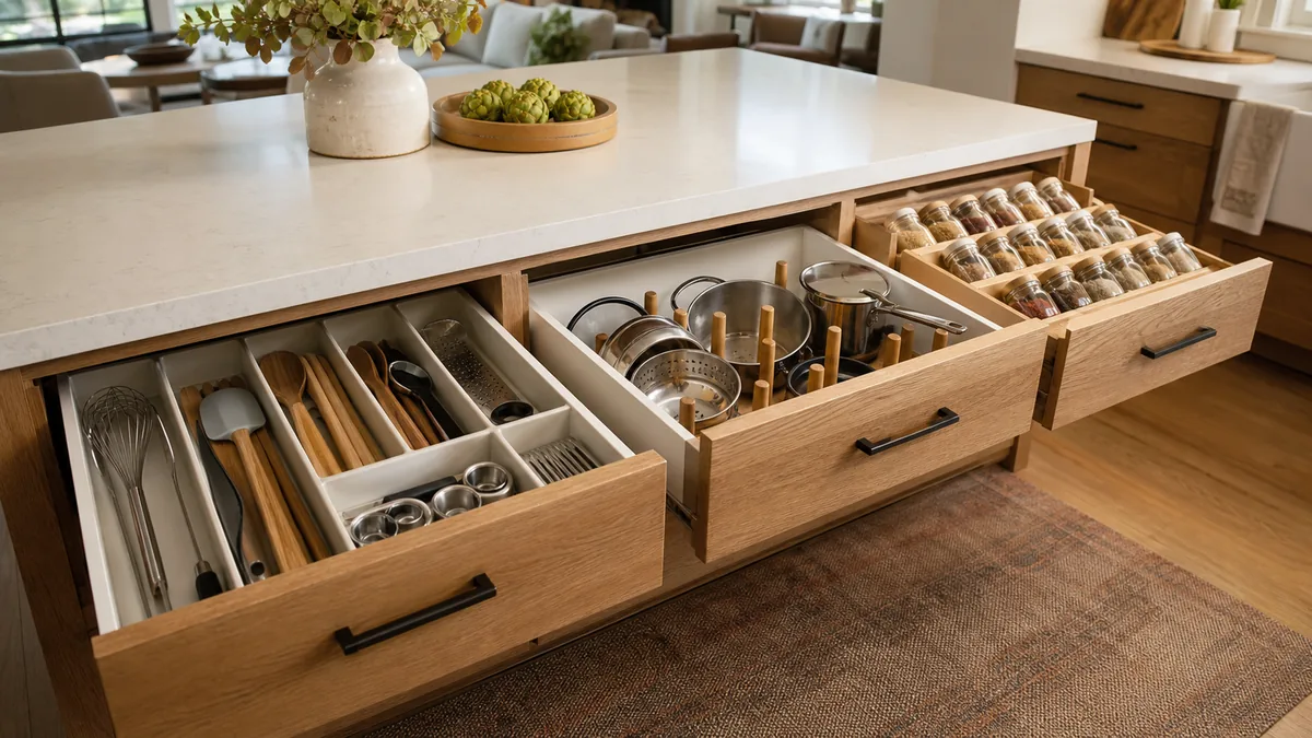 A wide editorial view of a real home kitchen island with several open drawers in a row, each fitted with a different organizer system from a shallow utensil tray to a deep peg-board pot drawer