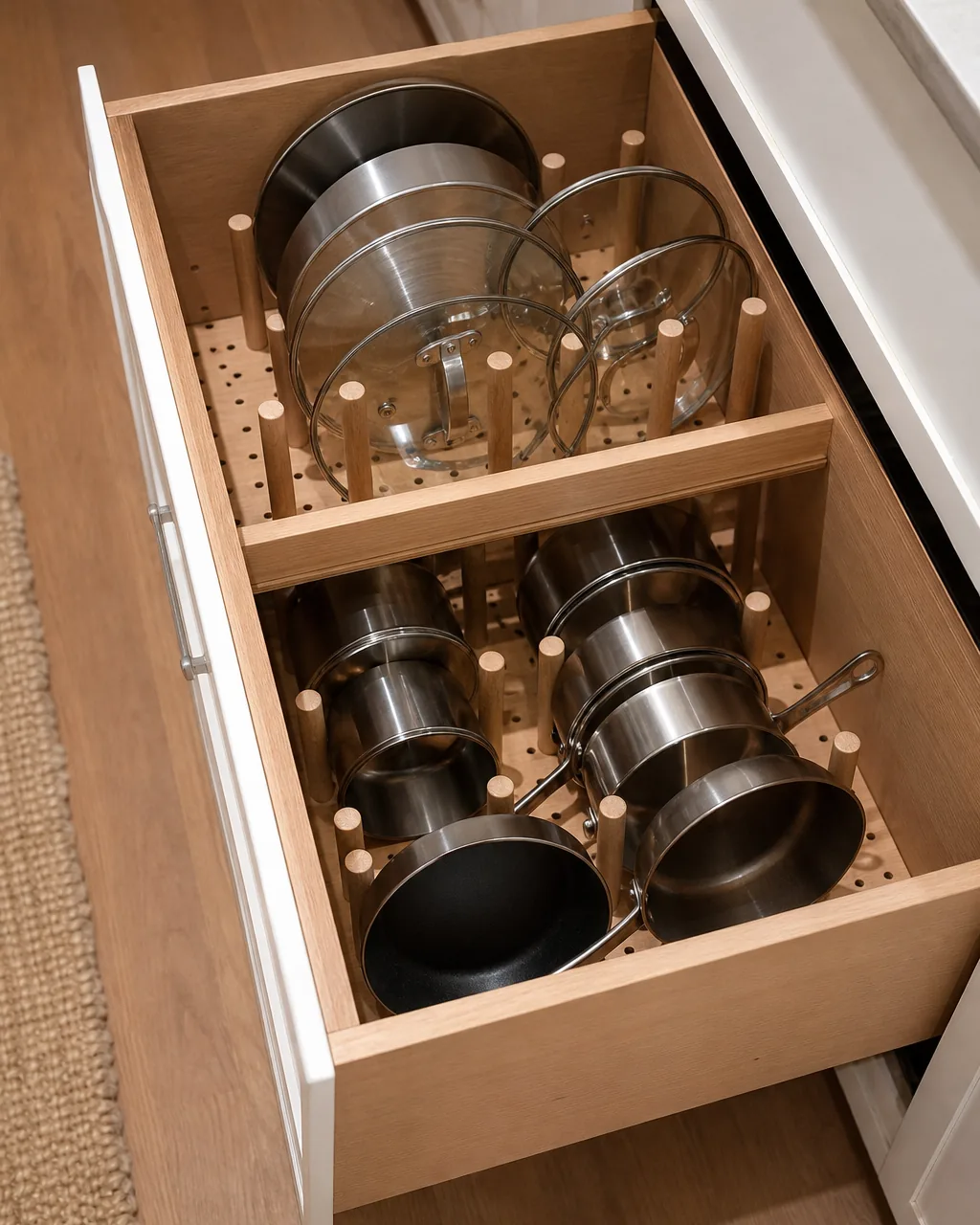 Two-tier peg board organizer holding pots and pans in a deep kitchen drawer