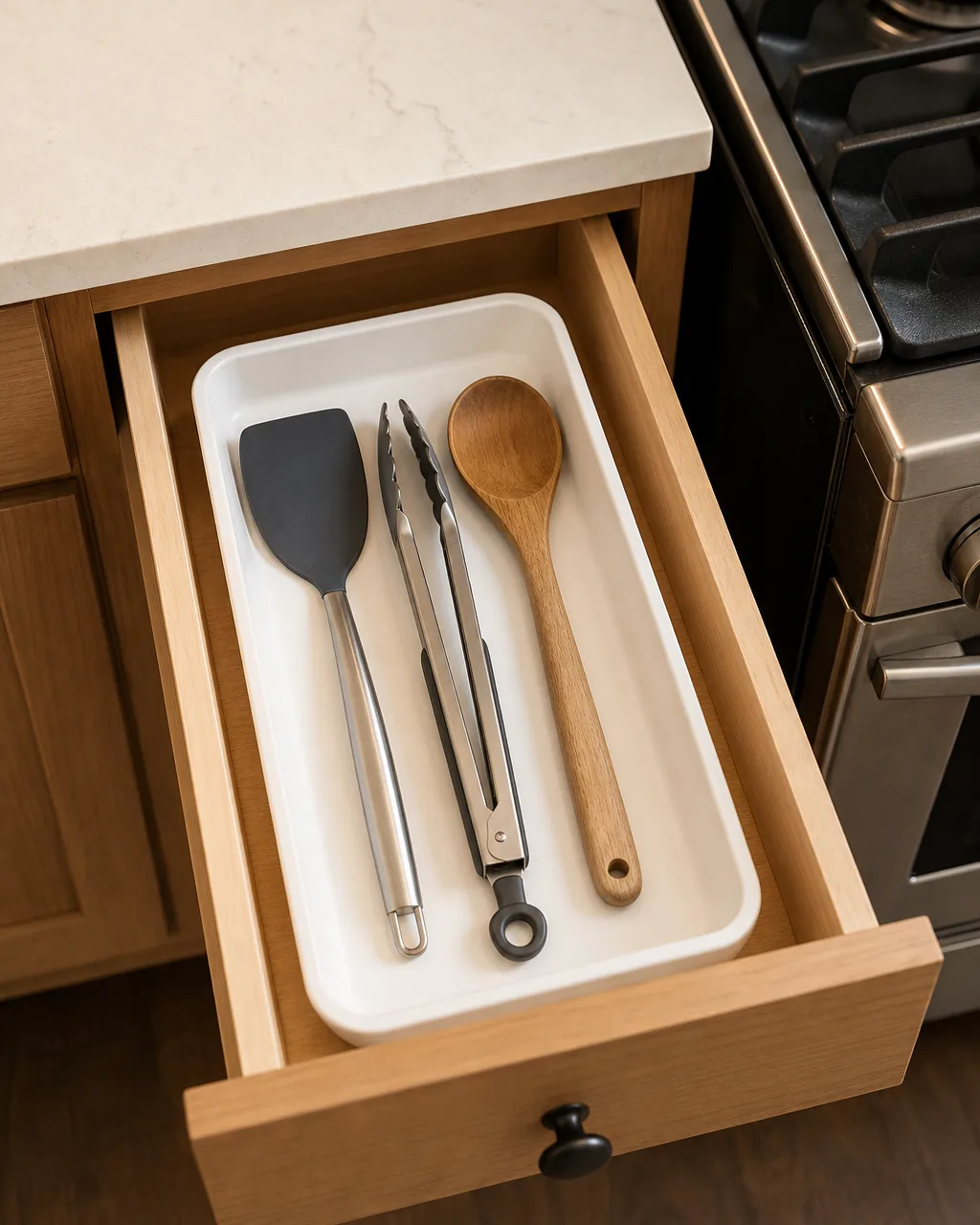 Drawer directly beside the stove holding only frequently used cooking tools