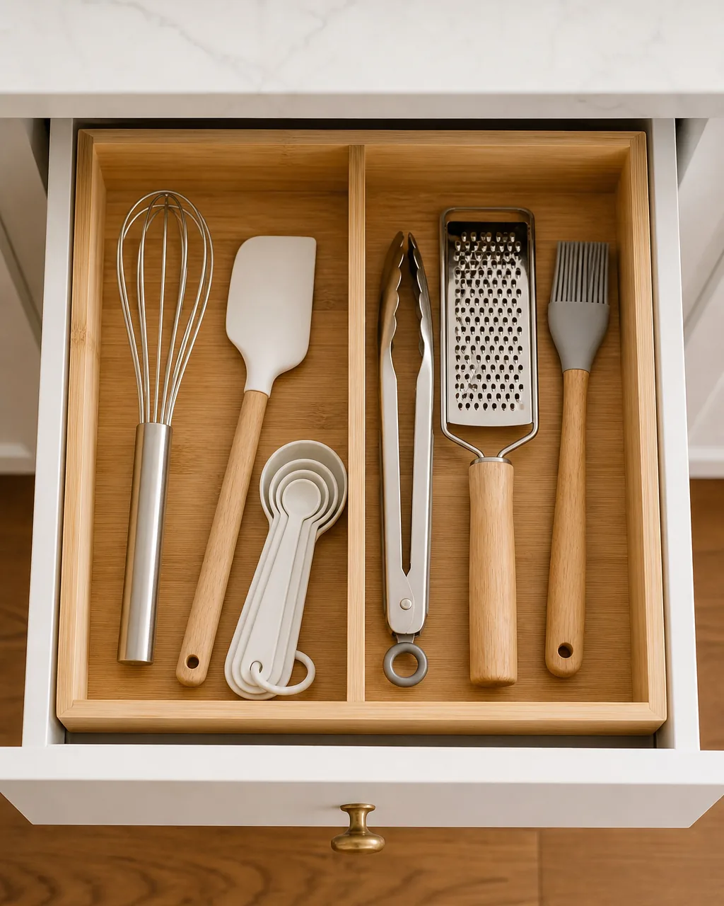 Kitchen drawer organized into task-based sections rather than item-type sections