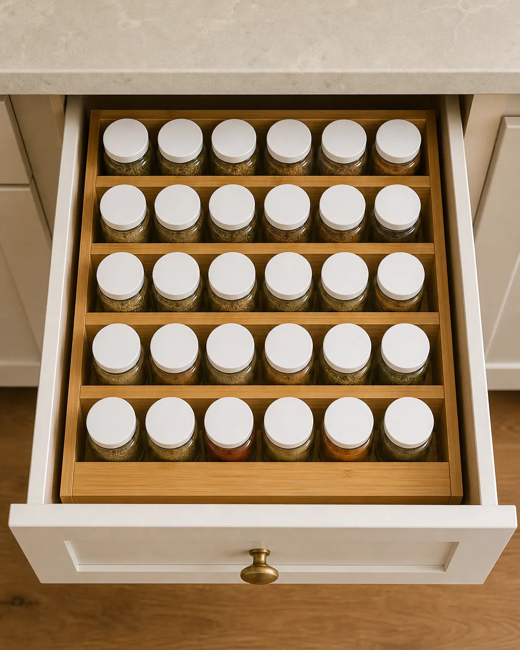 Tiered spice riser drawer organizer with small jars visible from above