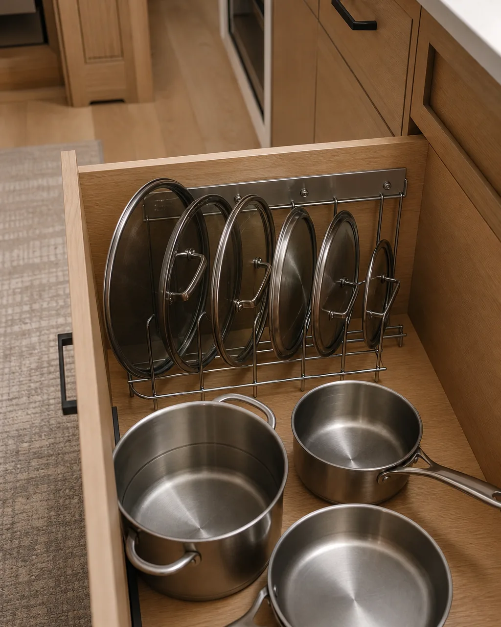 Pot lids stored upright in a vertical wire divider inside a deep kitchen drawer