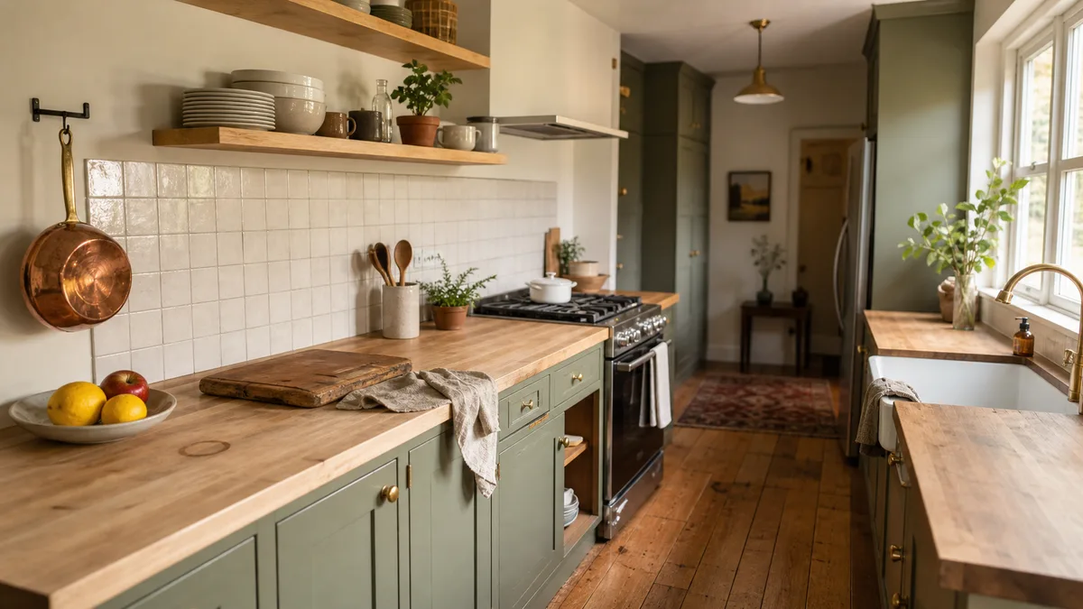 A well-organized kitchen with open wood shelves holding white stoneware, a light butcher-block counter with a cutting board and linen towel, a copper pot hanging from a wall hook, and warm morning daylight through a window