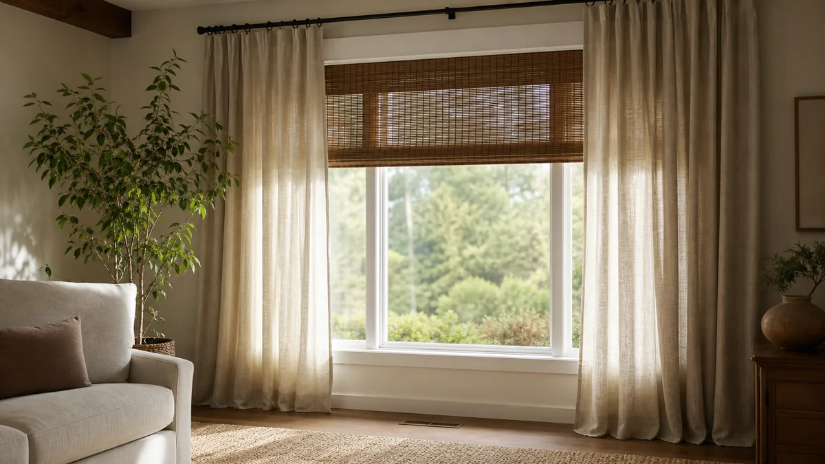 A living room window dressed with layered linen drapery on a black rod and a woven bamboo Roman shade underneath, a sofa arm and potted plant nearby, soft daylight coming through